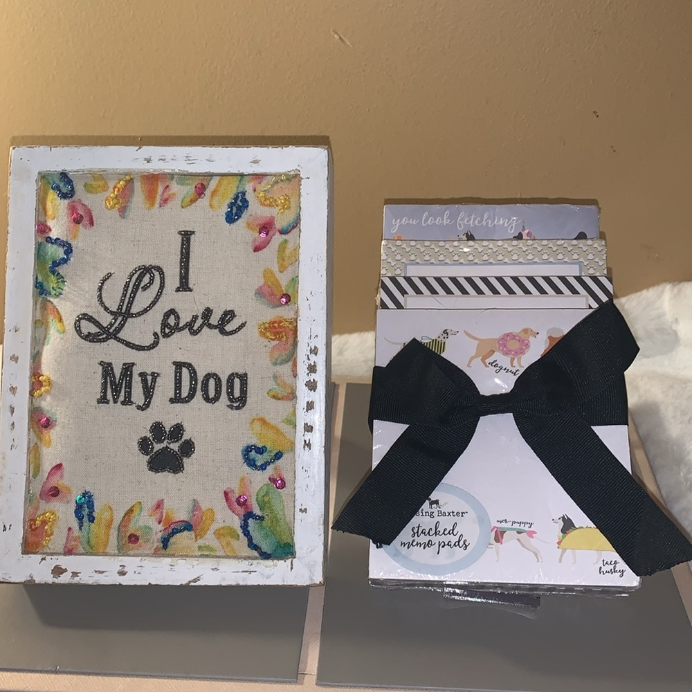 🪻 I LOVE MY DOG Embroidered Sparkly Distressed Sign + Set 4 Memo Pads NWT